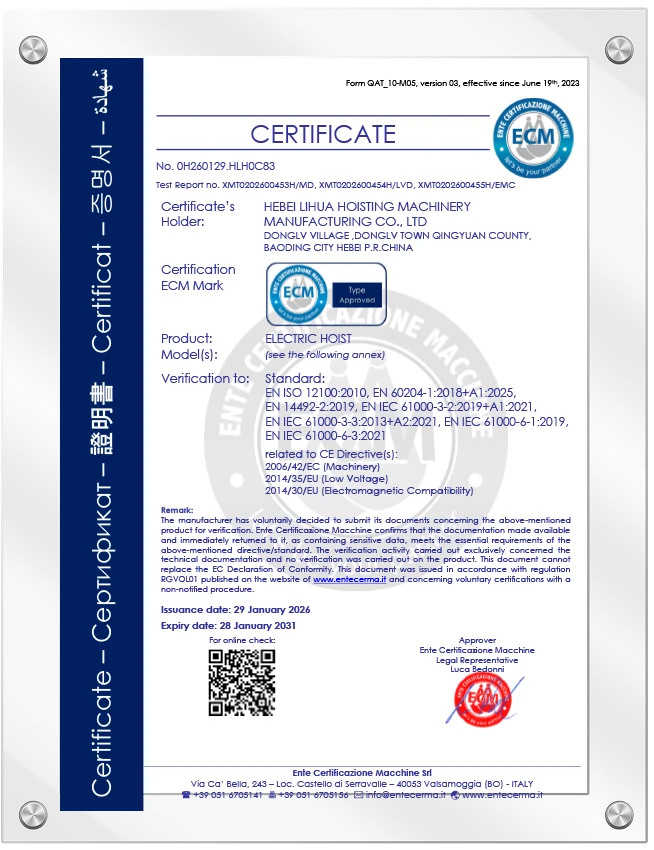 Certificado CE para talhas el&eacute;tricas